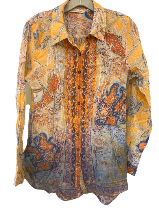 Soft Surroundings Tops - Soft Surroundings Ombre Paisley Boho Blouse Velvet Trim Button Front M